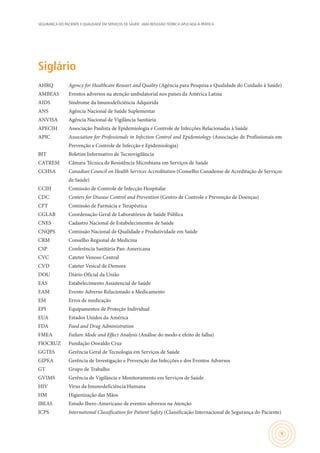 SEGURANÇA DO PACIENTE E QUALIDADE EM SERVIÇOS DE SAÚDE: UMA REFLEXÃO TEÓRICA APLICADA À PRÁTICA
9
Siglário
AHRQ	 Agency for Healthcare Researt and Quality (Agência para Pesquisa e Qualidade do Cuidado à Saúde)
AMBEAS 	 Eventos adversos na atenção ambulatorial nos países da América Latina
AIDS	 Síndrome da Imunodeficiência Adquirida
ANS	 Agência Nacional de Saúde Suplementar
ANVISA	 Agência Nacional de Vigilância Sanitária
APECIH	 Associação Paulista de Epidemiologia e Controle de Infecções Relacionadas à Saúde
APIC 	 Association for Professionals in Infection Control and Epidemiology (Associação de Profissionais em
Prevenção e Controle de Infecção e Epidemiologia)
BIT	 Boletim Informativo de Tecnovigilância
CATREM	 Câmara Técnica de Resistência Microbiana em Serviços de Saúde
CCHSA	 Canadian Council on Health Services Accreditation (Conselho Canadense de Acreditação de Serviços
de Saúde)
CCIH	 Comissão de Controle de Infecção Hospitalar
CDC	 Centers for Disease Control and Prevention (Centro de Controle e Prevenção de Doenças)
CFT	 Comissão de Farmácia e Terapêutica
CGLAB	 Coordenação Geral de Laboratórios de Saúde Pública
CNES	 Cadastro Nacional de Estabelecimentos de Saúde
CNQPS	 Comissão Nacional de Qualidade e Produtividade em Saúde
CRM	 Conselho Regional de Medicina
CSP	 Conferência Sanitária Pan-Americana
CVC	 Cateter Venoso Central
CVD	 Cateter Vesical de Demora
DOU	 Diário Oficial da União
EAS 	 Estabelecimento Assistencial de Saúde
EAM	 Evento Adverso Relacionado a Medicamento
EM	 Erros de medicação
EPI	 Equipamentos de Proteção Individual
EUA	 Estados Unidos da América
FDA	 Food and Drug Administration
FMEA	 Failure Mode and Effect Analysis (Análise do modo e efeito de falha)
FIOCRUZ	 Fundação Oswaldo Cruz
GGTES	 Gerência Geral de Tecnologia em Serviços de Saúde
GIPEA 	 Gerência de Investigação e Prevenção das Infecções e dos Eventos Adversos
GT 	 Grupo de Trabalho
GVIMS	 Gerência de Vigilância e Monitoramento em Serviços de Saúde
HIV	 Vírus da Imunodeficiência Humana
HM	 Higienização das Mãos
IBEAS	 Estudo Ibero-Americano de eventos adversos na Atenção
ICPS	 International Classification for Patient Safety (Classificação Internacional de Segurança do Paciente)
 