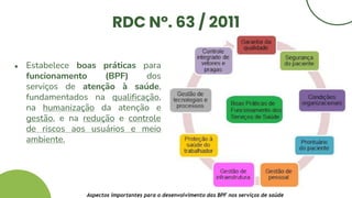 RDC Nº. 63 / 2011
● Estabelece boas práticas para
funcionamento (BPF) dos
serviços de atenção à saúde,
fundamentados na qualificação,
na humanização da atenção e
gestão, e na redução e controle
de riscos aos usuários e meio
ambiente.
Aspectos importantes para o desenvolvimento das BPF nos serviços de saúde
 