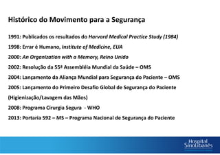 Histórico do Movimento para a Segurança
1991: Publicados os resultados do Harvard Medical Practice Study (1984)
1998: Errar é Humano, Institute of Medicine, EUA
2000: An Organization with a Memory, Reino Unido
2002: Resolução da 55ª Assembléia Mundial da Saúde – OMS
2004: Lançamento da Aliança Mundial para Segurança do Paciente – OMS
2005: Lançamento do Primeiro Desafio Global de Segurança do Paciente
(Higienização/Lavagem das Mãos)
2008: Programa Cirurgia Segura - WHO
2013: Portaria 592 – MS – Programa Nacional de Segurança do Paciente
 