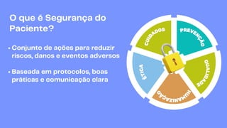 O que é Segurança do
Paciente?
Conjunto de ações para reduzir
riscos, danos e eventos adversos
Baseada em protocolos, boas
práticas e comunicação clara
C
U
I
D
ADOS PREVEN
Ç
Ã
O
Q
U
A
L
I
D
A
D
E
É
T
I
C
A
H
U
M
A
N
I
Z
A
Ç
Ã
O
 