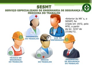 •Anterior às NR`s, o
SESMT, foi
criado em 1972, pelo
MTE, a partir
da lei: 3237 de
27/06/72.
 