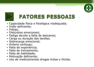 • Capacidade física e fisiológica inadequada;
• Visão deficiente;
• Fobias;
• Distúrbios emocionais;
• Fadiga devido a falta de descanso;
• Carga ou duração das tarefas;
• Sobrecarga emocional;
• Ordens confusas;
• Falta de experiência;
• Falta de treinamento;
• Falta de habilidade;
• Motivação deficiente;
• Uso de medicamentos drogas licitas e ilícitas.
 