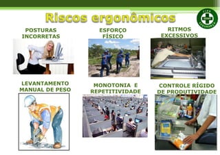 POSTURAS
INCORRETAS
ESFORÇO
FÍSICO
RITMOS
EXCESSIVOS
LEVANTAMENTO
MANUAL DE PESO
MONOTONIA E
REPETITIVIDADE
CONTROLE RÍGIDO
DE PRODUTIVIDADE
 