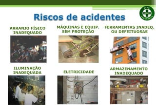 ARMAZENAMENTO
INADEQUADO
MÁQUINAS E EQUIP.
SEM PROTEÇÃO
ELETRICIDADE
ARRANJO FÍSICO
INADEQUADO
ILUMINAÇÃO
INADEQUADA
FERRAMENTAS INADEQ.
OU DEFEITUOSAS
 