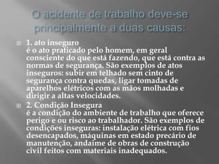 1. ato inseguro
é o ato praticado pelo homem, em geral
consciente do que está fazendo, que está contra as
normas de segurança. São exemplos de atos
inseguros: subir em telhado sem cinto de
segurança contra quedas, ligar tomadas de
aparelhos elétricos com as mãos molhadas e
dirigir a altas velocidades.
 2. Condição Insegura
é a condição do ambiente de trabalho que oferece
perigo e ou risco ao trabalhador. São exemplos de
condições inseguras: instalação elétrica com fios
desencapados, máquinas em estado precário de
manutenção, andaime de obras de construção
civil feitos com materiais inadequados.
 