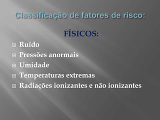 FÍSICOS:
 Ruído
 Pressões anormais
 Umidade
 Temperaturas extremas
 Radiações ionizantes e não ionizantes
 