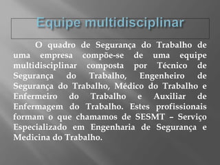 O quadro de Segurança do Trabalho de
uma empresa compõe-se de uma equipe
multidisciplinar composta por Técnico de
Segurança do Trabalho, Engenheiro de
Segurança do Trabalho, Médico do Trabalho e
Enfermeiro do Trabalho e Auxiliar de
Enfermagem do Trabalho. Estes profissionais
formam o que chamamos de SESMT – Serviço
Especializado em Engenharia de Segurança e
Medicina do Trabalho.
 