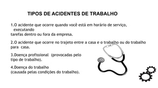 TIPOS DE ACIDENTES DE TRABALHO
1.O acidente que ocorre quando você está em horário de serviço,
executando
tarefas dentro ou fora da empresa.
2.O acidente que ocorre no trajeto entre a casa e o trabalho ou do trabalho
para casa.
3.Doença profissional (provocadas pelo
tipo de trabalho).
4.Doença do trabalho
(causada pelas condições do trabalho).
 