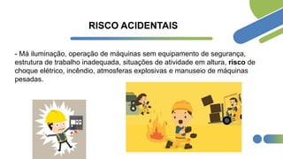 RISCO ACIDENTAIS
- Má iluminação, operação de máquinas sem equipamento de segurança,
estrutura de trabalho inadequada, situações de atividade em altura, risco de
choque elétrico, incêndio, atmosferas explosivas e manuseio de máquinas
pesadas.
 