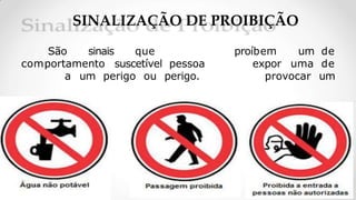 SINALIZAÇÃO DE PROIBIÇÃO
proíbem um de
expor uma de
provocar um
São sinais que
comportamento suscetível pessoa
a um perigo ou perigo.
 