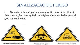 SINALIZAÇÃO DE PERIGO
• Os sinais nesta categoria visam advertir para uma situação,
objeto ou ação susceptível de originar dano ou lesão pessoal
e/ou nasinstalações.
 
