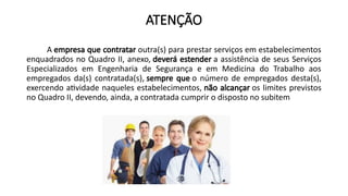 ATENÇÃO
A empresa que contratar outra(s) para prestar serviços em estabelecimentos
enquadrados no Quadro II, anexo, deverá estender a assistência de seus Serviços
Especializados em Engenharia de Segurança e em Medicina do Trabalho aos
empregados da(s) contratada(s), sempre que o número de empregados desta(s),
exercendo atividade naqueles estabelecimentos, não alcançar os limites previstos
no Quadro II, devendo, ainda, a contratada cumprir o disposto no subitem
 