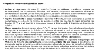 Compete aos Profissionais Integrantes do SESMT:
• Analisar e registrar em documento(s) específico(s) todos os acidentes ocorridos na empresa ou
estabelecimento, com ou sem vítima, e todos os casos de doença ocupacional, descrevendo a história e as
características do acidente e/ou da doença ocupacional, os fatores ambientais, as características do agente
e as condições do(s) indivíduo(s) portador(es) de doença ocupacional ou acidentado(s);
• Registrar mensalmente os dados atualizados de acidentes do trabalho, doenças ocupacionais e agentes de
insalubridade, preenchendo, no mínimo, os quesitos descritos nos modelos de mapas constantes nos
Quadros III, IV, V e VI, devendo o empregador manter a documentação à disposição da inspeção do
trabalho;
• Manter os registros de que tratam as alíneas “h” e “i” na sede dos Serviços Especializados em Engenharia
de Segurança e em Medicina do Trabalho ou facilmente alcançáveis a partir da mesma, sendo de livre
escolha da empresa o método de arquivamento e recuperação, desde que sejam asseguradas condições de
acesso aos registros e entendimento de seu conteúdo, devendo ser guardados somente os mapas anuais
dos dados correspondentes às alíneas “h” e “i” por um período não inferior a 5 (cinco) anos;
• As atividades dos profissionais integrantes dos Serviços Especializados em Engenharia de Segurança e em
Medicina do Trabalho são essencialmente prevencionistas, embora não seja vedado o atendimento de
emergência, quando se tornar necessário. Entretanto, a elaboração de planos de controle de efeitos de
catástrofes, de disponibilidade de meios que visem ao combate a incêndios e ao salvamento e de imediata
atenção à vítima deste ou de qualquer outro tipo de acidente estão incluídos em suas atividades.
 