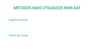 MÉTODOS MAIS UTILIZADOS PARA AAT
- Espinha de Peixe
- Árvore de Causas
 