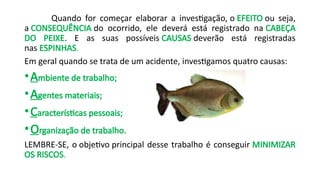 Quando for começar elaborar a investigação, o EFEITO ou seja,
a CONSEQUÊNCIA do ocorrido, ele deverá está registrado na CABEÇA
DO PEIXE. E as suas possíveis CAUSAS deverão está registradas
nas ESPINHAS.
Em geral quando se trata de um acidente, investigamos quatro causas:
•Ambiente de trabalho;
•Agentes materiais;
•Características pessoais;
•Organização de trabalho.
LEMBRE-SE, o objetivo principal desse trabalho é conseguir MINIMIZAR
OS RISCOS.
 