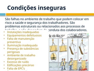 Condições inseguras
São falhas no ambiente de trabalho que podem colocar em
risco a saúde e segurança dos trabalhadores. São
problemas estruturais ou relacionados aos processos de
trabalho, e não dependem da conduta dos colaboradores.
• Instalações inadequadas
• Equipamentos defeituosos
• Falta de manutenção
preventiva
• Iluminação inadequada
• Presença de substâncias
perigosas
• Ambiente de trabalho
desorganizado
• Excesso de ruído
• Edificações precárias
• Falta de EPC's
 