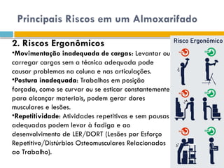 Principais Riscos em um Almoxarifado
2. Riscos Ergonômicos
•Movimentação inadequada de cargas: Levantar ou
carregar cargas sem a técnica adequada pode
causar problemas na coluna e nas articulações.
•Postura inadequada: Trabalhos em posição
forçada, como se curvar ou se esticar constantemente
para alcançar materiais, podem gerar dores
musculares e lesões.
•Repetitividade: Atividades repetitivas e sem pausas
adequadas podem levar à fadiga e ao
desenvolvimento de LER/DORT (Lesões por Esforço
Repetitivo/Distúrbios Osteomusculares Relacionados
ao Trabalho).
 