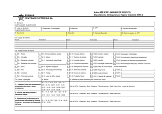 ANÁLISE PRELIMINAR DE RISCOS
                FURNAS                                                                                                  Departamento de Segurança e Higiene Industrial- DSH.G
                CENTRAIS ELÉTRICAS SA

1. Atividade
INSPEÇÃO NA SUBESTAÇÃO

2. Local da atividade                  3. Supervisor / Encarregado                  4. Matrícula                      5. APR                                       6. Período de execução
SUBESTAÇÃO GERAL
7. Documento                                                                   8. Operador                            9. Matrícula Operador                        10. Data de registro da APR


11. Equipe de trabalho
Nome                               Assinatura                                  Nome                               Assinatuta                         Nome                          Assinatura




12. Tabela Padrão de Riscos

X 12.1. Ruído                          12.9. Fumos metálicos (solda)             X 12.16. Choque elétrico          X 12.24. Animais / insetos           12.32. Sinalização / Delimitação

X 12.2. Vibração                       12.10. Asfixia                            X 12.17. Retorno de tensão        X 12.25. Explosão                    12.33. Ferramentas e dispositivos inadequados

X 12.3. Radiação ionizante             12.11. Intoxicação (especificar)          X 12.18. Indução elétrica         X 12.26. Incêndio                 X 12.34. Operação de Máquinas e equipamentos

   12.4. Radiação não ionizante                                                  X 12.19. Circuitos energizados    X 12.27. Iluminação inadequada X 12.35. Movimentação Máquinas, materiais e veículos

X 12.5. Calor                          12.12. Agentes biológicos                 X 12.20. Religamento Indevido     X 12.28. Falha de comunicação     Outros (especificar):

X 12.6. Frio                        X 12.13. Descargas Atmosféricas              X 12.21. Manobra acidental           12.29. Afogamento                 12.36.

X 12.7. Umidade                        12.14. Fadiga                             X 12.22. Queda de objetos            12.30. Local confinado            12.37.

X 12.8. Produtos químicos              12.15. Local de difícil acesso               12.23. Trabalho Altura         X 12.31. Projeção de materiais       12.38.

13. Etapas / operações                 14. Riscos                                   15. Medidas a serem adotadas para controle dos riscos

                                   12.1 - 12.2 - 12.3 - 12. 5 - 12.6 - 12.7 -
1 - Inspeção Visual em equipamento 12.8 - 12. 13 - 12.16 - 12.18 - 12.19 -
energizados e acesso a áreas                                                        Uso de EPI's - Capacete - Bota - Abafador - Óculos escuros - Rádio Hand-Com - Luvas de Borracha -
energizadas                        12.22 - 12.24 - 12.25 - 12.26 - 12.27 -
                                   12.28 - 12.31 - 12.34 - 12.35
2 - Partida das Moto Bombas e      12.1 - 12. 2 - 12.5 - 12.7 - 12.8 - 12.16 -
                                                                                    Uso de EPI's - Capacete - Bota - Abafador - Óculos escuros - Rádio hand-com.
Geradores Diesel.                      12.19 - 12.21 - 12.24 - 12.25 - 12.26

3 - Revezamento de Bombas de Ar
condicionado e Bombas do Sistema 12.1 - 12. 2 - 12.7 - 12.8 - 12.16 - 12.19 -
                                                                                    Uso de EPI's - Capacete - Bota - Abafador - Óculos escuros - Rádio hand-com.
Primário e Secundário de Reposição 12. 21 - 12.24 -
de Água.
 