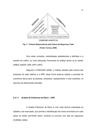 42




           Fig. 7 – Fatores Responsáveis pela Cultura de Segurança Total

                               (Fonte: Furnas, 2008)



               Com estes conceitos, metodologias estabelecidas e definidas e a

escolha da melhor, ou mais adequada, ferramenta de análise dentre as já citadas

(FMEA, HAZOP, APR, APP e ART).

               Segundo a FUNCOGE (2008), o método adotado pela maioria das

empresas do setor elétrico é a APR, desta forma pode-se realizar a previsão da

ocorrência danos para as pessoas, processos, equipamentos e meio ambiente, no

exercício de determinada atividade.




2.5.1.1   Análise de Preliminar de Risco – APR




               A Análise Preliminar de Risco é uma visão técnica antecipada do

trabalho a ser executado, que permite a identificação dos riscos envolvidos em cada

passo da tarefa, permitindo assim, evitá-los ou conviver com eles em segurança

(FURNAS, 2006).
 
 
