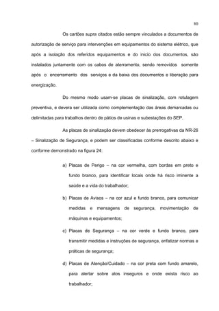 80

               Os cartões supra citados estão sempre vinculados a documentos de

autorização de serviço para intervenções em equipamentos do sistema elétrico, que

após a isolação dos referidos equipamentos e do inicio dos documentos, são

instalados juntamente com os cabos de aterramento, sendo removidos somente

após o encerramento dos serviços e da baixa dos documentos e liberação para

energização.

               Do mesmo modo usam-se placas de sinalização, com rotulagem

preventiva, e devera ser utilizada como complementação das áreas demarcadas ou

delimitadas para trabalhos dentro de pátios de usinas e subestações do SEP.

               As placas de sinalização devem obedecer às prerrogativas da NR-26

– Sinalização de Segurança, e podem ser classificadas conforme descrito abaixo e

conforme demonstrado na figura 24:


               a) Placas de Perigo – na cor vermelha, com bordas em preto e

                  fundo branco, para identificar locais onde há risco iminente a

                  saúde e a vida do trabalhador;

               b) Placas de Avisos – na cor azul e fundo branco, para comunicar

                  medidas   e    mensagens   de    segurança,   movimentação   de

                  máquinas e equipamentos;

               c) Placas de Segurança – na cor verde e fundo branco, para

                  transmitir medidas e instruções de segurança, enfatizar normas e

                  práticas de segurança;

               d) Placas de Atenção/Cuidado – na cor preta com fundo amarelo,

                  para alertar sobre atos inseguros e onde exista risco ao

                  trabalhador;

 
 