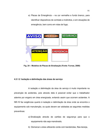 81

               e) Placas de Emergência – na cor vermelha e fundo branco, para

                  identificar dispositivos de combate a incêndios, e em situações de

                  emergência, bem como em rotas de fuga;




          Fig. 24 – Modelos de Placas de Sinalização (Fonte: Furnas, 2008)




4.3.1.2 Isolação e delimitação das áreas de serviço



               A isolação e delimitação da área de serviço é muito importante na

prevenção de acidentes, pois através dela é possível evitar que o trabalhador

adentre por engano em área energizada, evitando assim que ocorram acidentes. A

NR-10 faz exigências quanto à isolação e delimitação da área onde se encontra o

equipamento sob manutenção, os quais devem ser adotadas as seguintes medidas

preventivas:

               a) Sinalização através de cartões de segurança para que o

                  equipamento não seja manobrado;

               b) Demarcar a área utilizando corda com bandeirolas, fitas laranja,

 
 