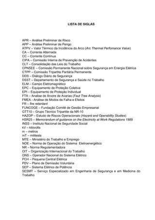 LISTA DE SIGLAS




APR – Análise Preliminar de Risco
APP – Análise Preliminar de Perigo
ATPV – Valor Térmico da Incidência do Arco (Arc Thermal Perfomance Value)
CA – Corrente Alternada
CC – Corrente Contínua
CIPA – Comissão Interna de Prevenção de Acidentes
CLT – Consolidação das Leis do Trabalho
CPNSEE – Comissão Permanente Nacional sobre Segurança em Energia Elétrica
CTPP – Comissão Tripartite Paritária Permanente
DDS – Diálogo Diário de Segurança
DSST – Departamento de Segurança e Saúde no Trabalho
ELM – Campo Eletromagnético
EPC – Equipamento de Proteção Coletiva
EPI – Equipamento de Proteção Individual
FTA – Analise de Árvore de Avarias (Faut Tree Analysis)
FMEA - Análise de Modos de Falha e Efeitos
FR – fire retardant
FUNCOGE – Fundação Comitê de Gestão Empresarial
GTT10 – Grupo Técnico Tripartite da NR-10
HAZOP – Estudo de Riscos Operacionais (Hazard and Operability Studies)
HSR25 – Memorandum of guidance on the Electricity at Work Regulations 1989
INSS – Instituto Nacional de Seguridade Social
kV – kilovolts
m – metros
mT – militesla
MTE – Ministério do Trabalho e Emprego
NOE – Norma de Operação do Sistema Eletroenergético
NR – Norma Regulamentadora
OIT – Organização Internacional do Trabalho
ONS – Operador Nacional do Sistema Elétrico
PCH – Pequena Central Elétrica
PDV – Plano de Demissão Voluntária
SEP – Sistema Elétrico de Potência
SESMT – Serviço Especializado em Engenharia de Segurança e em Medicina do
Trabalho
 