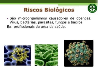 • São microorganismos causadores de doenças.
Vírus, bactérias, parasitas, fungos e bacilos.
Ex: profissionais da área da saúde.
 