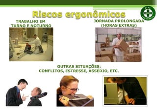TRABALHO EM
TURNO E NOTURNO
JORNADA PROLONGADA
(HORAS EXTRAS)
OUTRAS SITUAÇÕES:
CONFLITOS, ESTRESSE, ASSÉDIO, ETC.
 
