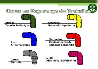 Verde:
Tubulação de água
Azul:
Ar-comprimido
Amarelo:
Gases não liquefeitos
Cinza:
Eletroduto
Vermelho:
Equipamentos de
combate à incêndio
Lilás:
Alcalinos/Lubrificantes
 