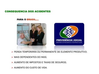 PARA O BRASIL....
 PERDA TEMPORÁRIA OU PERMANENTE DE ELEMENTO PRODUTIVO;
 MAIS DEPENDENTES DO INSS;
 AUMENTO DE IMPOSTOS E TAXAS DE SEGUROS;
 AUMENTO DO CUSTO DE VIDA;
CONSEQUENCIA DOS ACIDENTES
 