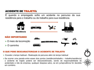 Residência Trabalho
ACIDENTE DE TRAJETO:
É quando o empregado sofre um acidente no percurso da sua
residência para o trabalho ou do trabalho para sua residência.
O QUE PODE DESCARACTERIZAR O ACIDENTE DE TRAJETO
 Exceder o tempo habitual - Realização do percurso além do tempo habitual
Se ocorrer uma parada entre esses dois pontos (residência/trabalho – trabalho/residência)
o acidente de trajeto poderá ser descaracterizado, sendo de responsabilidade do
acidentado e não da empresa, qualquer despesa salvo, se em jurisprudência for decidido
em contrário.
NÃO IMPORTANDO
 O meio de locomoção
 O caminho
 