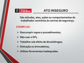 São atitudes, atos, ações ou comportamentos do
trabalhador contrários às normas de segurança.
 Descumprir regras e procedimentos;
 Não usar o EPI;
 Trabalhar sob efeito de álcool/drogas;
 Distração ou brincadeiras;
 Utilizar ferramentas inadequadas.
EXEMPLOS:
ATO INSEGURO
 