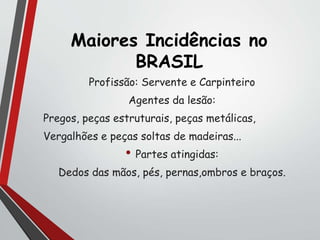 Maiores Incidências no
BRASIL
Profissão: Servente e Carpinteiro
Agentes da lesão:
Pregos, peças estruturais, peças metálicas,
Vergalhões e peças soltas de madeiras...
• Partes atingidas:
Dedos das mãos, pés, pernas,ombros e braços.
 