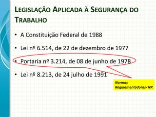 LEGISLAÇÃO APLICADA À SEGURANÇA DO
TRABALHO
• A Constituição Federal de 1988
• Lei nº 6.514, de 22 de dezembro de 1977
• Portaria nº 3.214, de 08 de junho de 1978
• Lei nº 8.213, de 24 julho de 1991
Normas
Regulamentadoras- NR
 