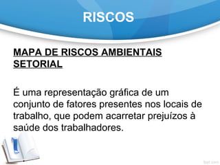 RISCOS
MAPA DE RISCOS AMBIENTAIS
SETORIAL
É uma representação gráfica de um 
conjunto de fatores presentes nos locais de 
trabalho, que podem acarretar prejuízos à 
saúde dos trabalhadores.
 