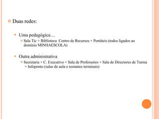 Duas redes: Uma pedagógica…  Sala Tic + Biblioteca  Centro de Recursos + Portáteis (todos ligados ao domínio MINHAESCOLA) Outra administrativa Secretaria + C. Executivo + Sala de Professores + Sala de Directores de Turma  + Infoponto (salas de aula e restantes terminais) 
