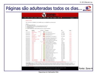 © 2012 Marcelo Lau




Páginas são adulteradas todos os dias...




                                               Fonte: Zone-H
                 Segurança em Aplicações Web
 