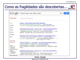 © 2012 Marcelo Lau




Como as fragilidades são descobertas...




                    Fonte: Google
                Segurança em Aplicações Web
 