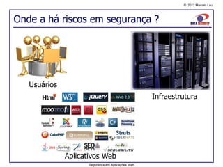 © 2012 Marcelo Lau




Onde a há riscos em segurança ?




   Usuários
                                                  Infraestrutura




              Aplicativos Web
                    Segurança em Aplicações Web
 