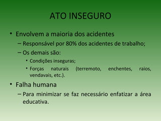 • Envolvem a maioria dos acidentes
– Responsável por 80% dos acidentes de trabalho;
– Os demais são:
• Condições inseguras;
• Forças naturais (terremoto, enchentes, raios,
vendavais, etc.).
• Falha humana
– Para minimizar se faz necessário enfatizar a área
educativa.
ATO INSEGURO
 