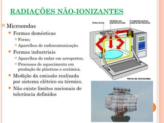 RADIAÇÕES NÃO-IONIZANTES
 Microondas
 Formas domésticas
 Forno;
 Aparelhos de radiocomunicação.
 Formas industriais
 Aparelhos de radar em aeroportos;
 Processos de aquecimento em
produção de plásticos e cerâmica.
 Medição da emissão realizada
por sistema elétrico ou térmico.
 Não existe limites nacionais de
tolerância definidos
 