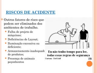 RISCOS DE ACIDENTE
 Outros fatores de risco que
podem ser eliminados dos
ambientes de trabalho.
 Falha de projeto de
máquinas;
 Deficiências de Layout;
 Iluminação excessiva ou
deficiente;
 Armazenamento inadequado
de produtos;
 Presença de animais
peçonhentos
 