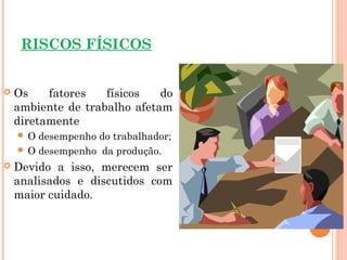 RISCOS FÍSICOS
 Os fatores físicos do
ambiente de trabalho afetam
diretamente
 O desempenho do trabalhador;
 O desempenho da produção.
 Devido a isso, merecem ser
analisados e discutidos com
maior cuidado.
 