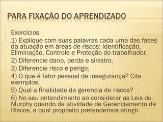  Exercícios
 1) Explique com suas palavras cada uma das fases
da atuação em áreas de riscos: Identificação,
Eliminação, Controle e Proteção do trabalhador.
 2) Diferencie dano, perda e sinistro.
 3) Diferencie risco e perigo.
 4) O que é fator pessoal de insegurança? Cite
exemplos.
 5) Qual a finalidade da gerencia de riscos?
 6) No seu entendimento ao considerar as Leis de
Murphy quando da atividade de Gerenciamento de
Riscos, a qual propósito pretendemos atingir.
 