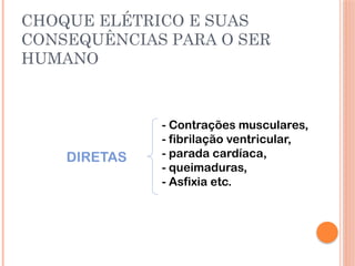 CHOQUE ELÉTRICO E SUAS
CONSEQUÊNCIAS PARA O SER
HUMANO
- Contrações musculares,
- fibrilação ventricular,
- parada cardíaca,
- queimaduras,
- Asfixia etc.
DIRETAS
 