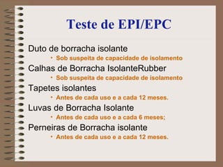 Teste de EPI/EPC Duto de borracha isolante   Sob suspeita de capacidade de isolamento Calhas de Borracha IsolanteRubber   Sob suspeita de capacidade de isolamento Tapetes isolantes   Antes de cada uso e a cada 12 meses.   Luvas de Borracha Isolante   Antes de cada uso e a cada 6 meses;   Perneiras de Borracha isolante   Antes de cada uso e a cada 12 meses.   