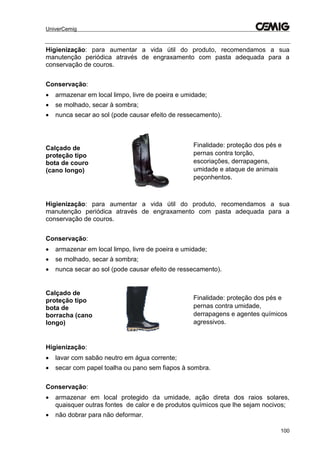UniverCemig
100
Higienização: para aumentar a vida útil do produto, recomendamos a sua
manutenção periódica através de engraxamento com pasta adequada para a
conservação de couros.
Conservação:
 armazenar em local limpo, livre de poeira e umidade;
 se molhado, secar à sombra;
 nunca secar ao sol (pode causar efeito de ressecamento).
Calçado de
proteção tipo
bota de couro
(cano longo)
Finalidade: proteção dos pés e
pernas contra torção,
escoriações, derrapagens,
umidade e ataque de animais
peçonhentos.
Higienização: para aumentar a vida útil do produto, recomendamos a sua
manutenção periódica através de engraxamento com pasta adequada para a
conservação de couros.
Conservação:
 armazenar em local limpo, livre de poeira e umidade;
 se molhado, secar à sombra;
 nunca secar ao sol (pode causar efeito de ressecamento).
Calçado de
proteção tipo
bota de
borracha (cano
longo)
Finalidade: proteção dos pés e
pernas contra umidade,
derrapagens e agentes químicos
agressivos.
Higienização:
 lavar com sabão neutro em água corrente;
 secar com papel toalha ou pano sem fiapos à sombra.
Conservação:
 armazenar em local protegido da umidade, ação direta dos raios solares,
quaisquer outras fontes de calor e de produtos químicos que lhe sejam nocivos;
 não dobrar para não deformar.
 