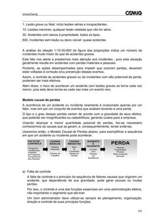 UniverCemig
151
1. Lesão grave ou fatal: inclui lesões sérias e incapacitantes.
10. Lesões menores: qualquer lesão relatada que não for séria.
30. Acidentes com danos à propriedade: todos os tipos.
600. Incidentes sem lesão ou dano visível: quase acidentes
A análise da relação 1-10-30-600 da figura das proporções indica um número de
incidentes muito maior do que de acidentes graves.
Este fato nos alerta a prestarmos mais atenção aos incidentes , pois esta situação
geralmente resulta em acidentes com perdas materiais e pessoais.
Portanto, as ações desempenhadas para impedir que ocorram perdas, deveriam
estar voltadas à correção e/ou prevenção desses eventos.
Assim, o controle de acidentes graves ou de incidentes com alto potencial de perda,
poderiam ser mais efetivos.
Além disso, o risco de acontecer um acidente com lesões graves se torna cada vez
menor, pois este deve tornar-se cada vez mais um evento raro.
Modelo causal de perdas
A ocorrência de um acidente ou incidente raramente é ocasionado apenas por um
fator, mas sim por um conjunto de eventos que acabam levando a uma perda.
O tipo e o grau dessas perdas variam de acordo com a gravidade de seus efeitos,
que poderão ser insignificantes ou catastróficos, gerando custos para a empresa.
Visando alcançar a menor quantidade possível de perdas, faz-se necessário
conhecermos as causas que as geram, e, consequentemente, tentar evitá-las.
Usaremos então, o Modelo Causal de Perdas abaixo, para exemplificar a sequência
em que um acidente ou incidente pode acontecer.
a) Falta de controle
A falta de controle é o princípio da sequência de fatores causais que originam um
acidente, que dependendo de sua gravidade, pode gerar poucas ou muitas
perdas.
Por isso, o controle é uma das funções essenciais em uma administração efetiva,
não importando o segmento que ela tiver.
Um bom administrador deve utilizar-se sempre de planejamento, organização,
direção e controle de suas principais funções.
 
