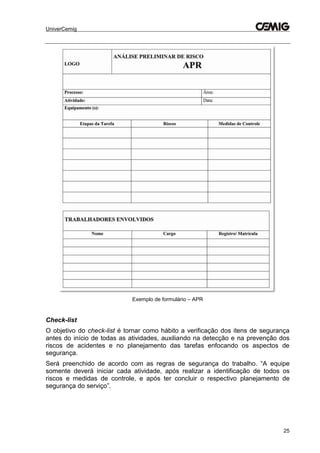 UniverCemig
25
Exemplo de formulário – APR
Check-list
O objetivo do check-list é tornar como hábito a verificação dos itens de segurança
antes do início de todas as atividades, auxiliando na detecção e na prevenção dos
riscos de acidentes e no planejamento das tarefas enfocando os aspectos de
segurança.
Será preenchido de acordo com as regras de segurança do trabalho. “A equipe
somente deverá iniciar cada atividade, após realizar a identificação de todos os
riscos e medidas de controle, e após ter concluir o respectivo planejamento de
segurança do serviço”.
 