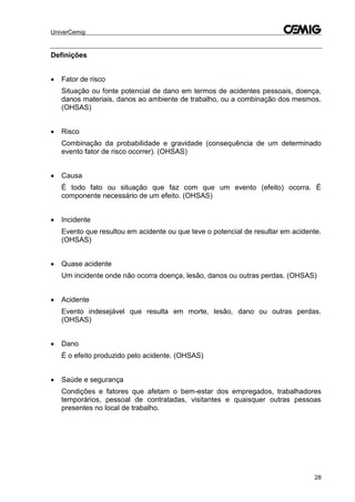 UniverCemig
28
Definições
 Fator de risco
Situação ou fonte potencial de dano em termos de acidentes pessoais, doença,
danos materiais, danos ao ambiente de trabalho, ou a combinação dos mesmos.
(OHSAS)
 Risco
Combinação da probabilidade e gravidade (consequência de um determinado
evento fator de risco ocorrer). (OHSAS)
 Causa
É todo fato ou situação que faz com que um evento (efeito) ocorra. É
componente necessário de um efeito. (OHSAS)
 Incidente
Evento que resultou em acidente ou que teve o potencial de resultar em acidente.
(OHSAS)
 Quase acidente
Um incidente onde não ocorra doença, lesão, danos ou outras perdas. (OHSAS)
 Acidente
Evento indesejável que resulta em morte, lesão, dano ou outras perdas.
(OHSAS)
 Dano
É o efeito produzido pelo acidente. (OHSAS)
 Saúde e segurança
Condições e fatores que afetam o bem-estar dos empregados, trabalhadores
temporários, pessoal de contratadas, visitantes e quaisquer outras pessoas
presentes no local de trabalho.
 